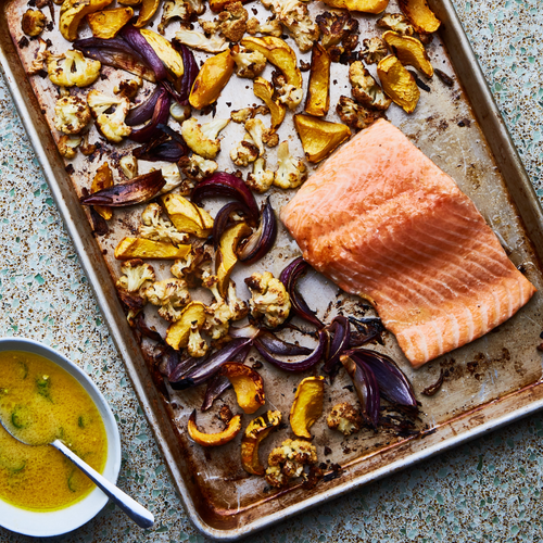 Sheet-Pan Salmon and Squash With Miso Mojo